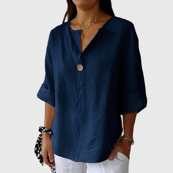 Blusa Mujer de Lino Botón Escote en V