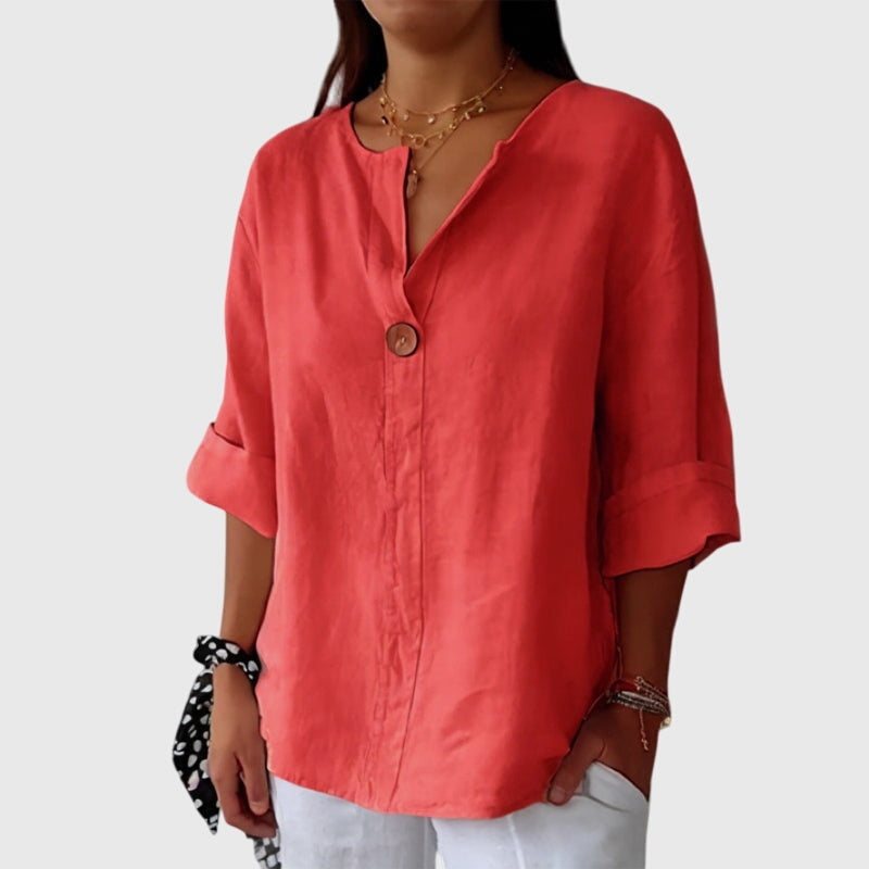 Blusa Mujer de Lino Botón Escote en V