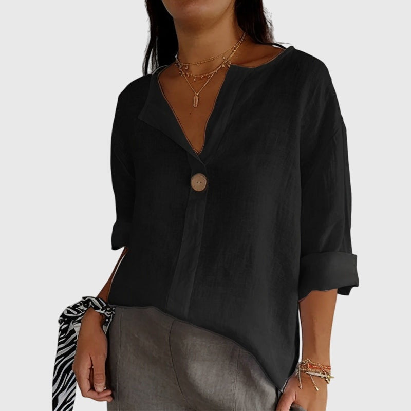 Blusa Mujer de Lino Botón Escote en V