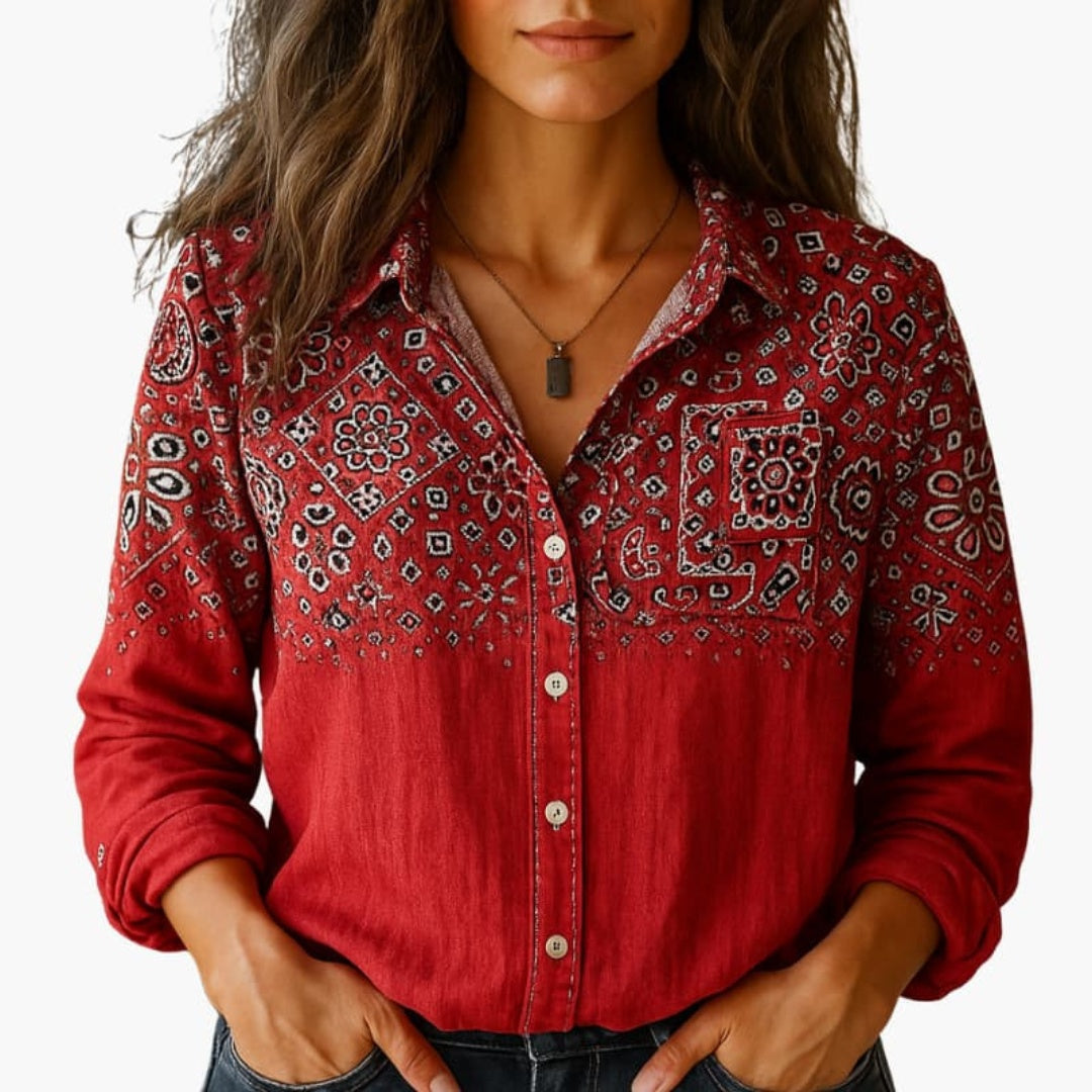 Camisa Mujer Estampada Manga Larga Cuello Clásico