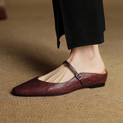 Mules Planas Mujer con Hebilla Punta Cuadrada