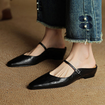 Mules Planas Mujer con Hebilla Punta Cuadrada