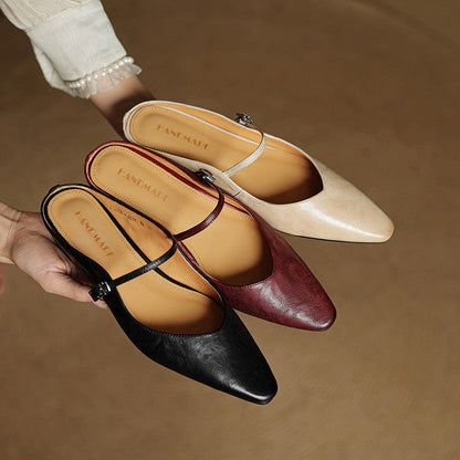 Mules Planas Mujer con Hebilla Punta Cuadrada