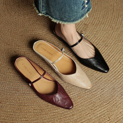 Mules Planas Mujer con Hebilla Punta Cuadrada