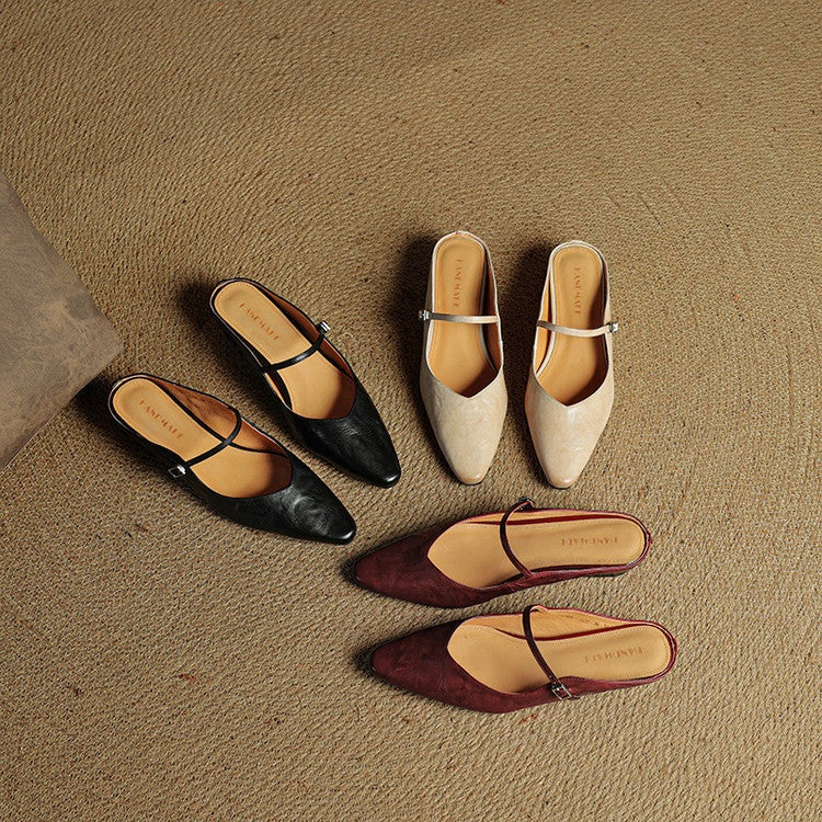 Mules Planas Mujer con Hebilla Punta Cuadrada