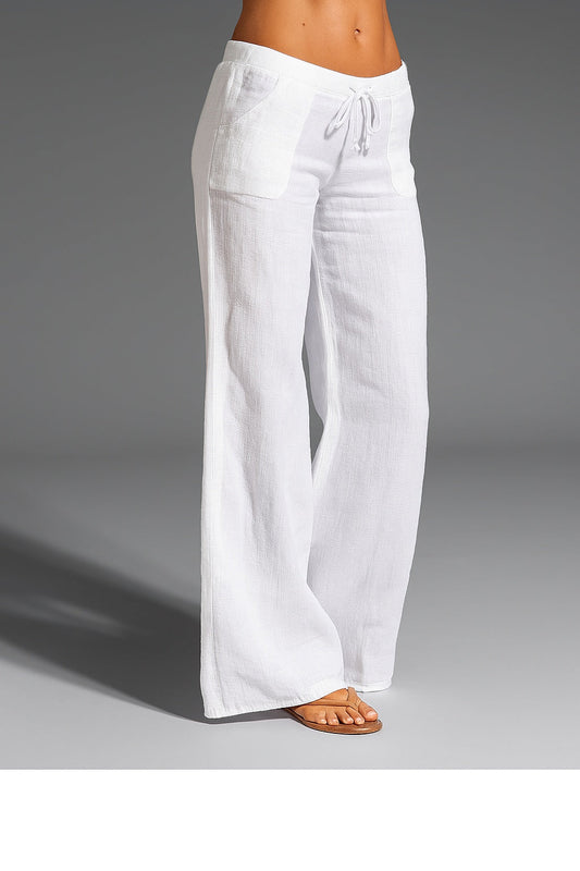 Pantalón Mujer de Lino Cintura Baja Pierna Amplia - Mavetta