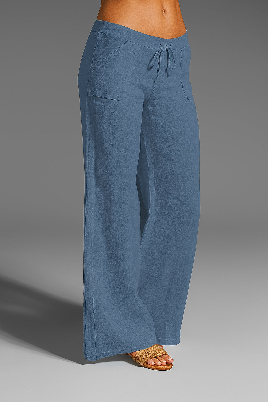 Pantalón Mujer de Lino Cintura Baja Pierna Amplia