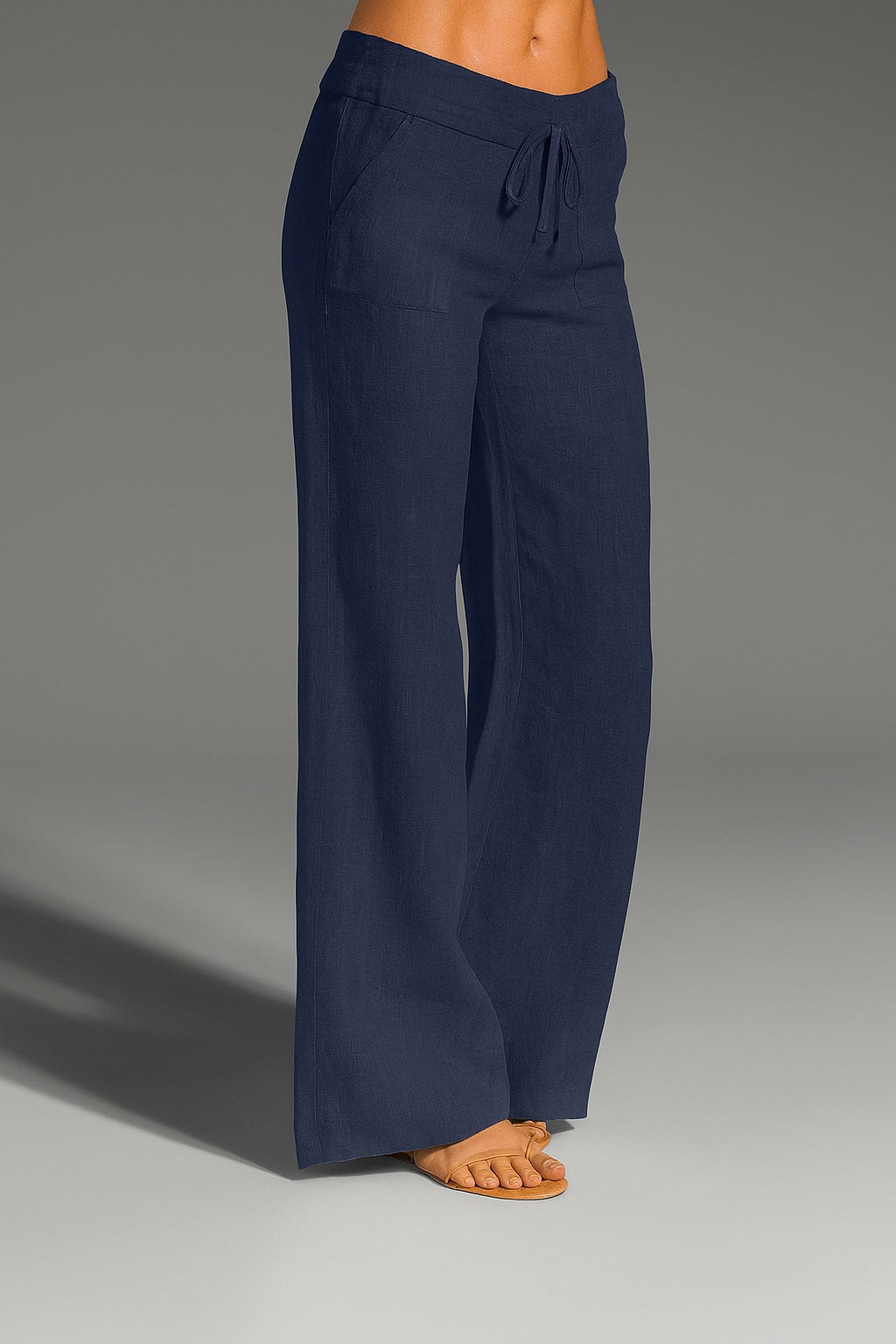 Pantalón Mujer de Lino Cintura Baja Pierna Amplia