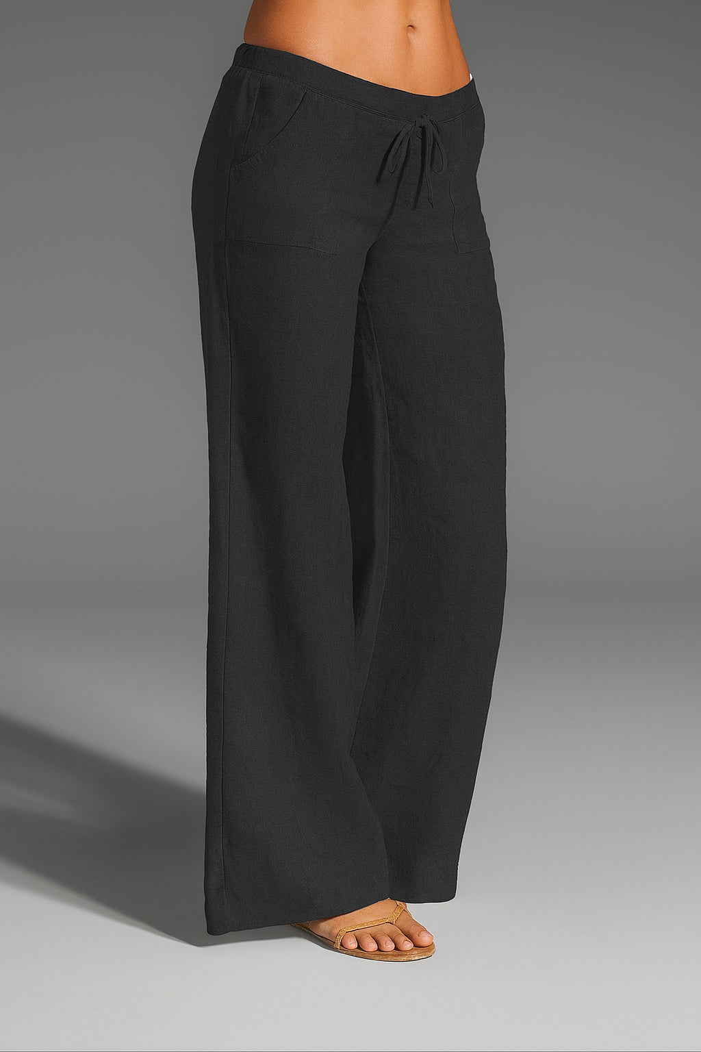 Pantalón Mujer de Lino Cintura Baja Pierna Amplia