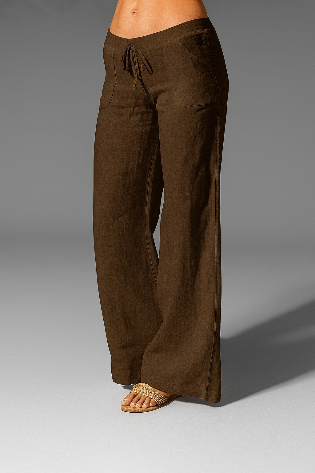 Pantalón Mujer de Lino Cintura Baja Pierna Amplia