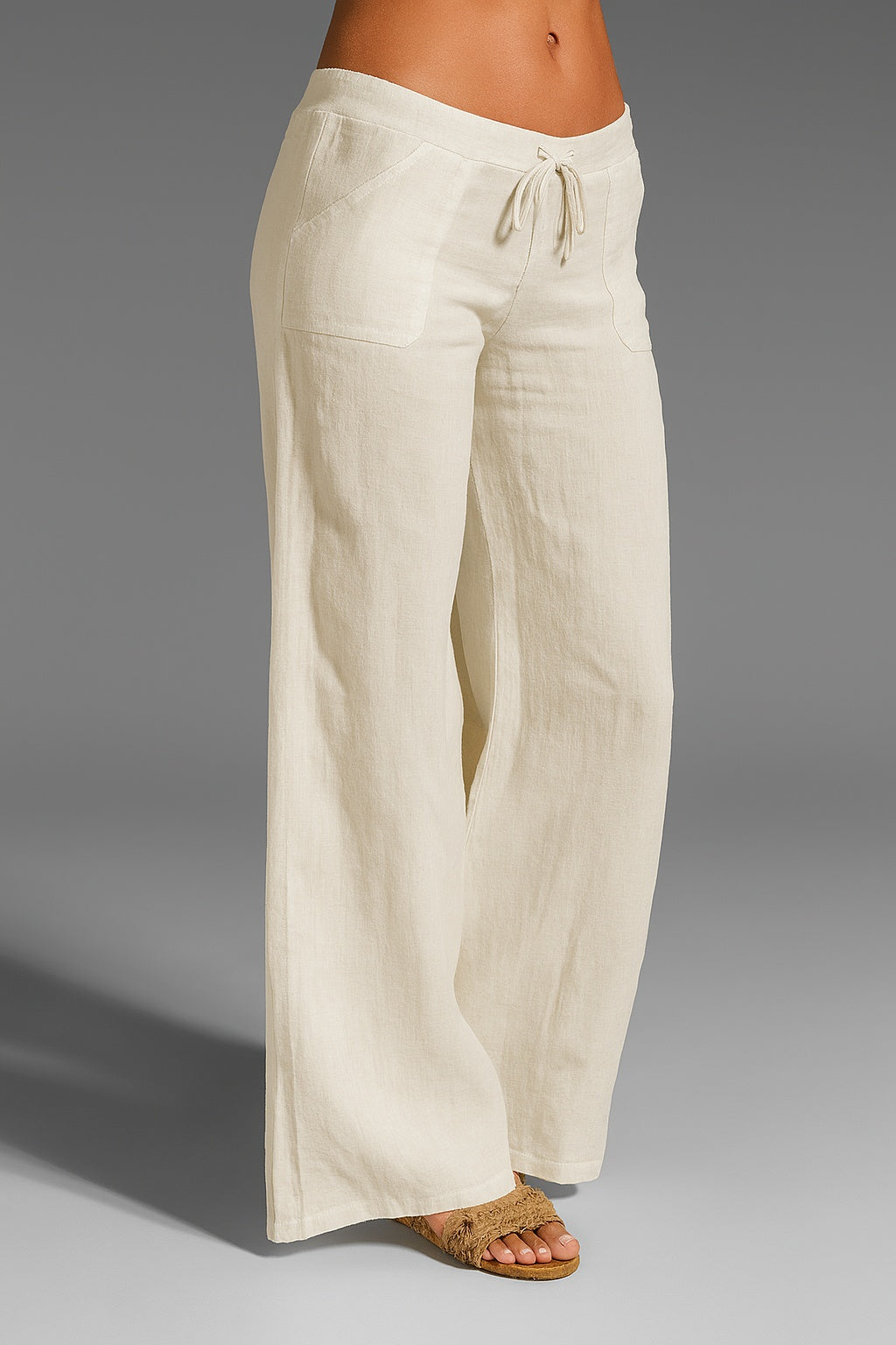 Pantalón Mujer de Lino Cintura Baja Pierna Amplia