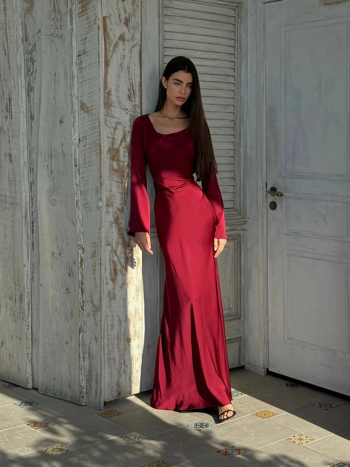Vestido Largo Mujer Ajustado Manga Larga Cuello Alto