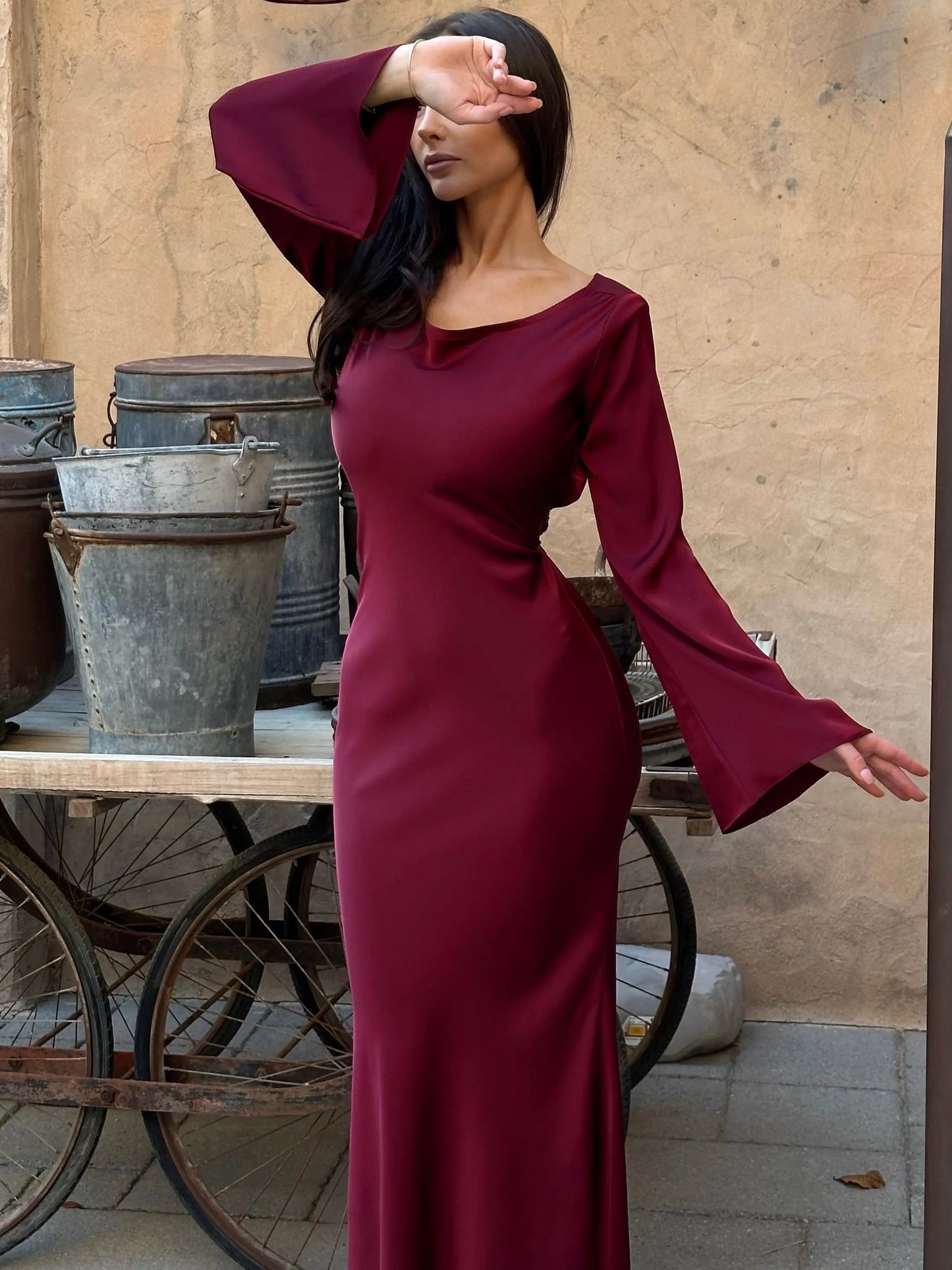 Vestido Largo Mujer Ajustado Manga Larga Cuello Alto