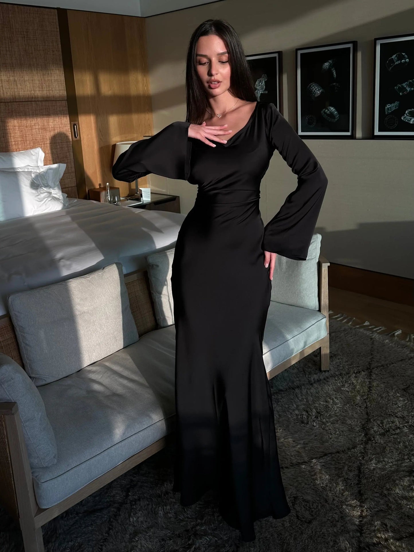 Vestido Largo Mujer Ajustado Manga Larga Cuello Alto