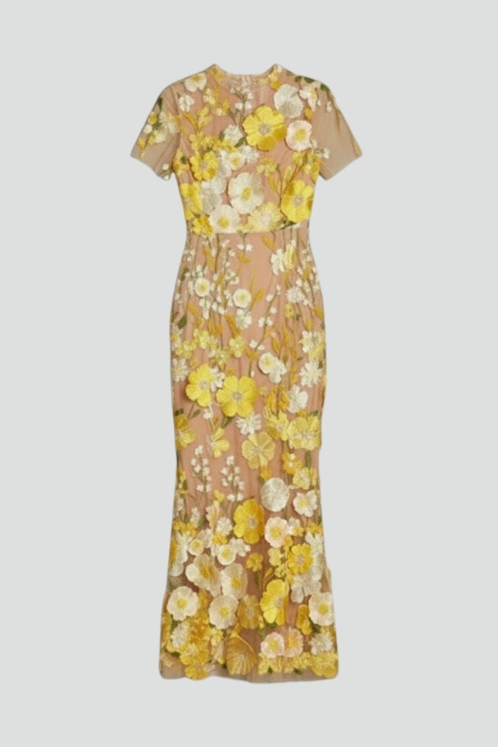Vestido Largo Mujer Bordado Floral Manga Corta - Mavetta