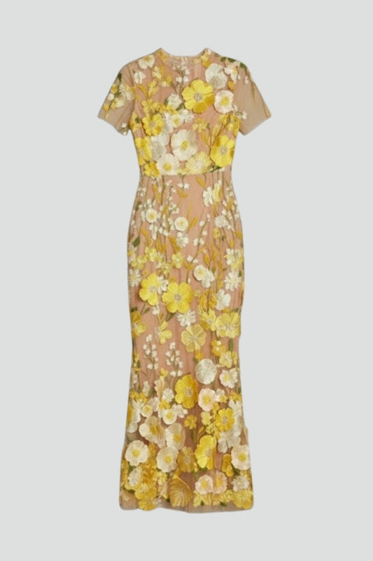 Vestido Largo Mujer Bordado Floral Manga Corta - Mavetta