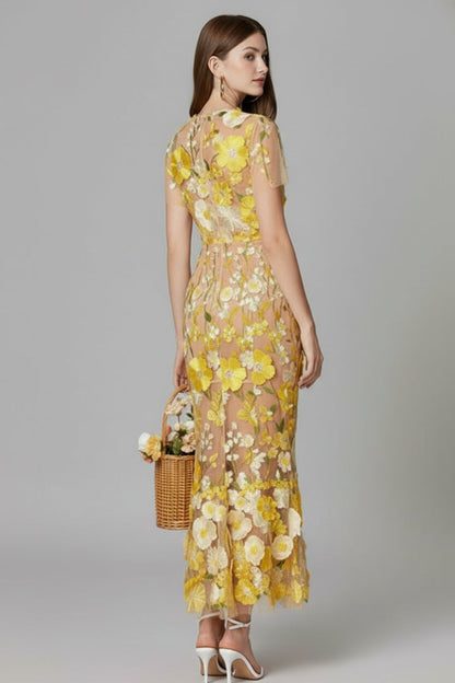 Vestido Largo Mujer Bordado Floral Manga Corta