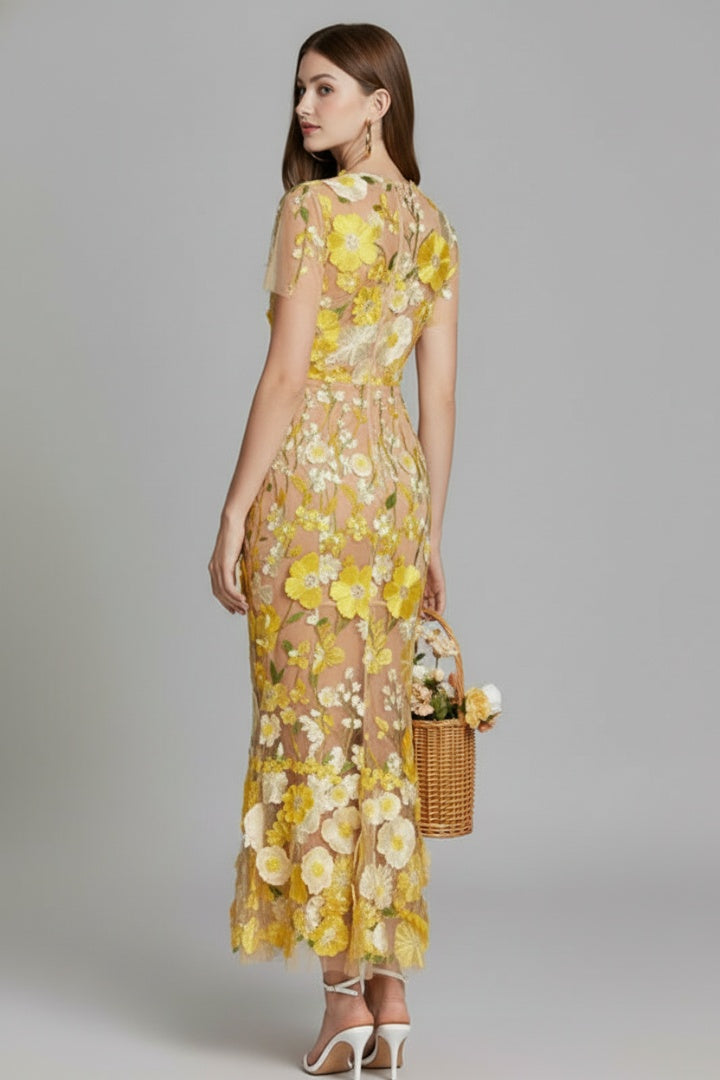 Vestido Largo Mujer Bordado Floral Manga Corta
