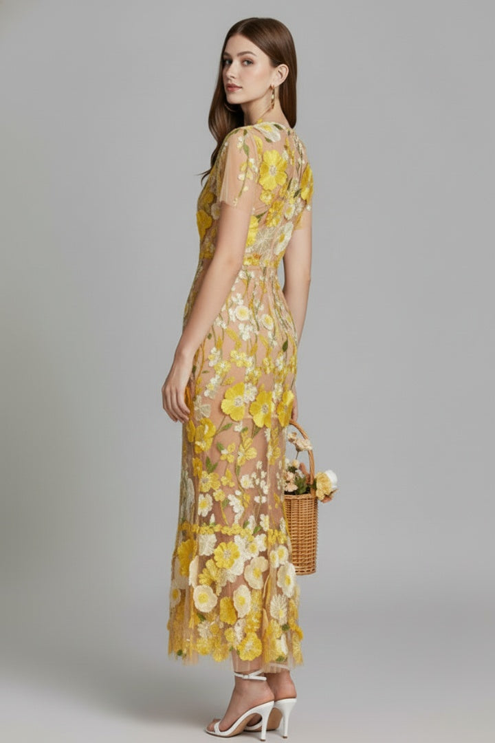 Vestido Largo Mujer Bordado Floral Manga Corta