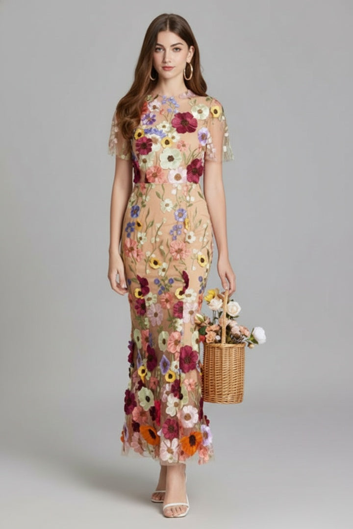Vestido Largo Mujer Bordado Floral Manga Corta