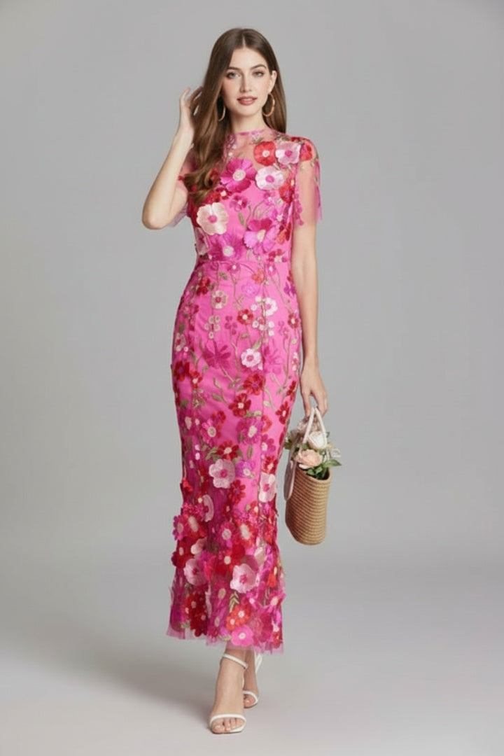 Vestido Largo Mujer Bordado Floral Manga Corta