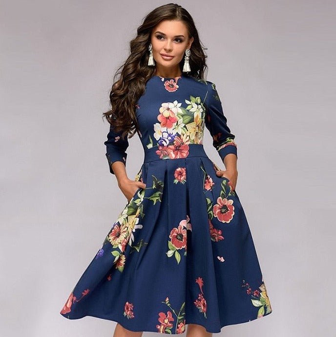 Vestido midi Mujer de Tela Estampada Cuello Redondo