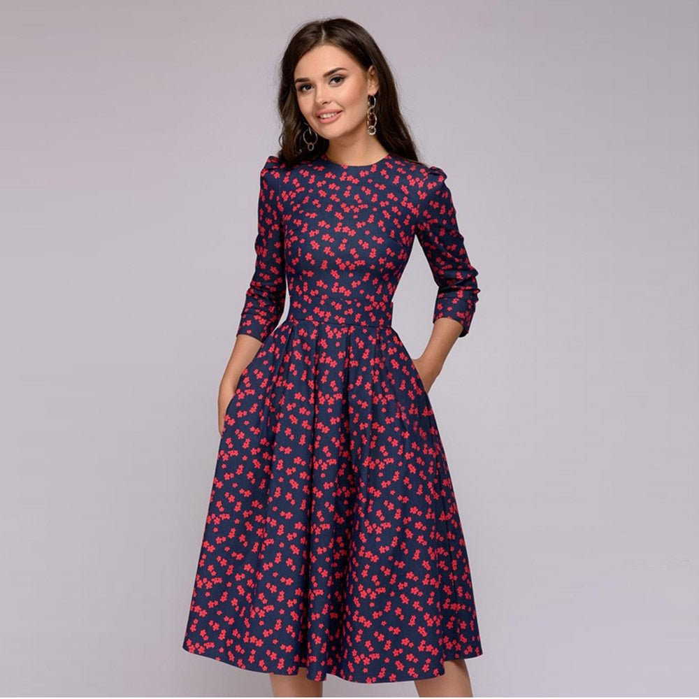 Vestido midi Mujer de Tela Estampada Cuello Redondo