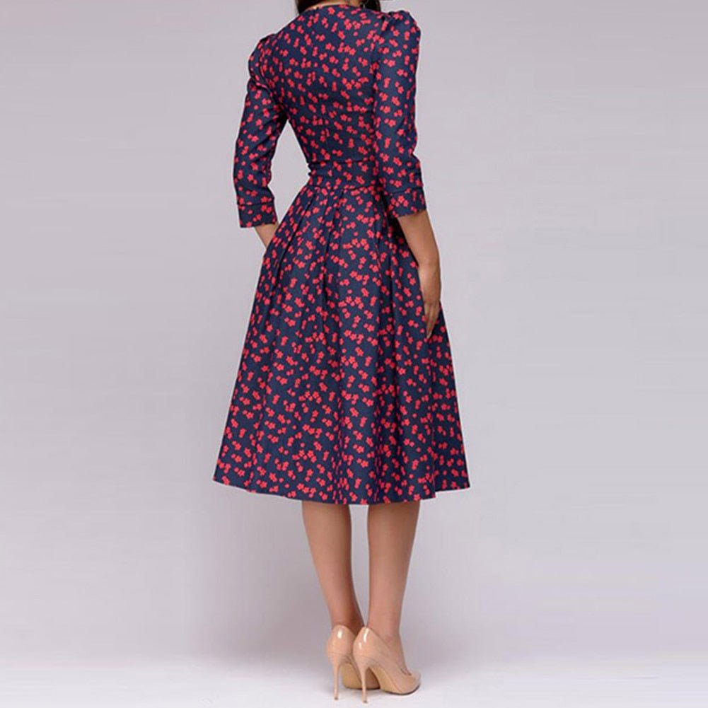 Vestido midi Mujer de Tela Estampada Cuello Redondo