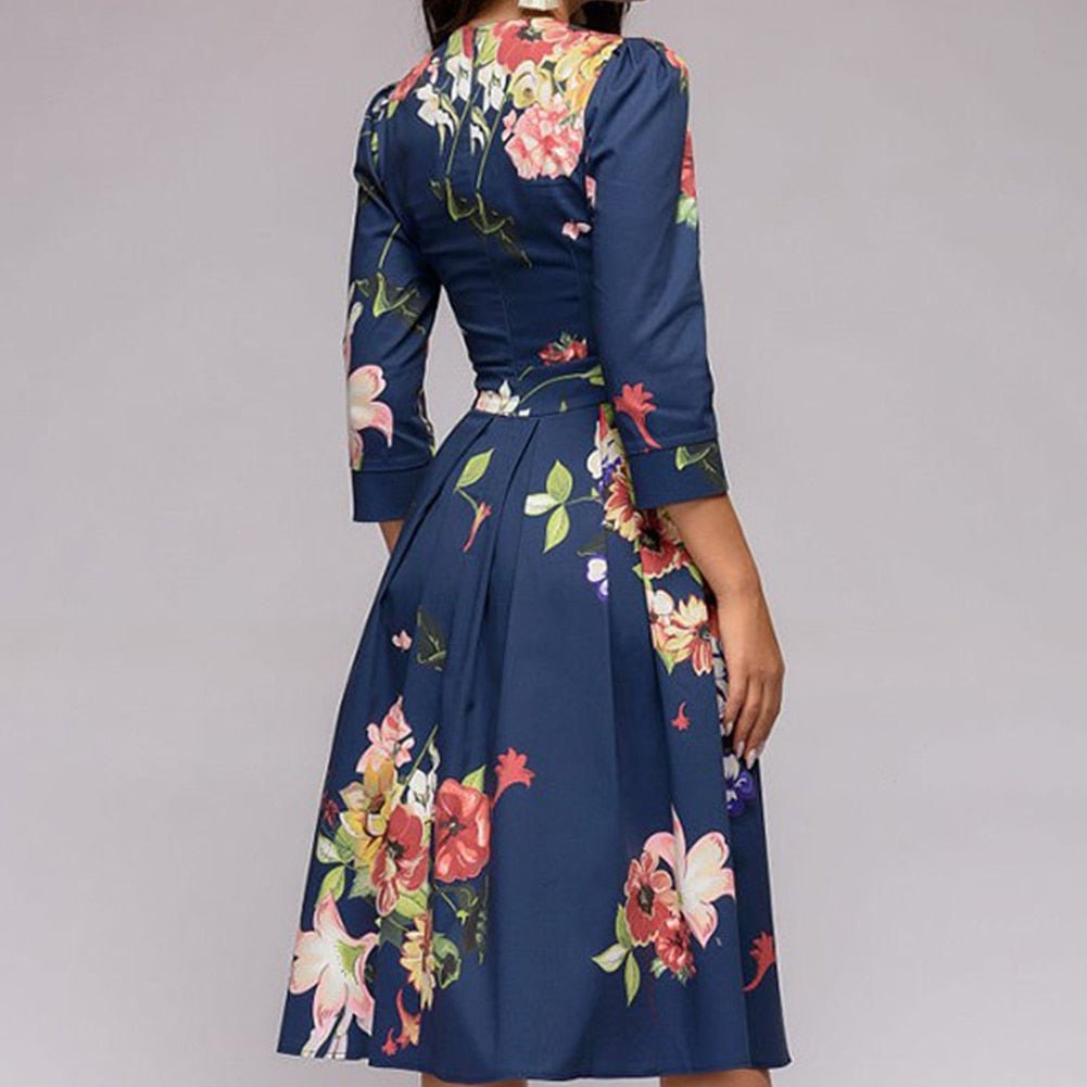 Vestido midi Mujer de Tela Estampada Cuello Redondo