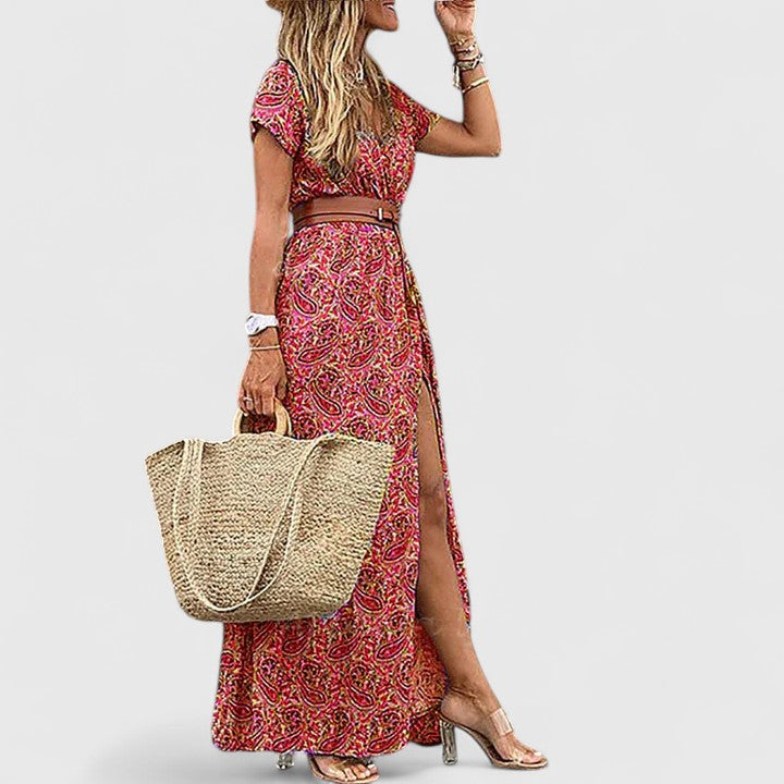 Vestido maxi mujer estilo boho cuello en V manga corta