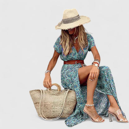 Vestido maxi mujer estilo boho cuello en V manga corta