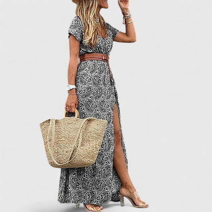 Vestido maxi mujer estilo boho cuello en V manga corta