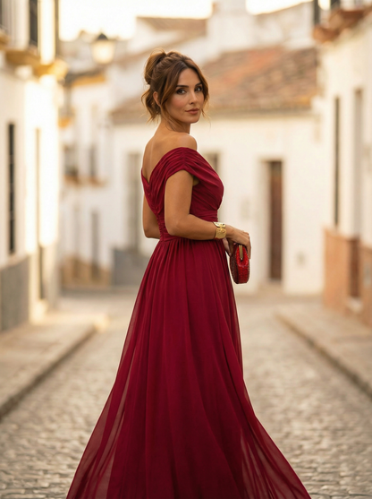 Vestido largo mujer fruncido cuello en V elegante