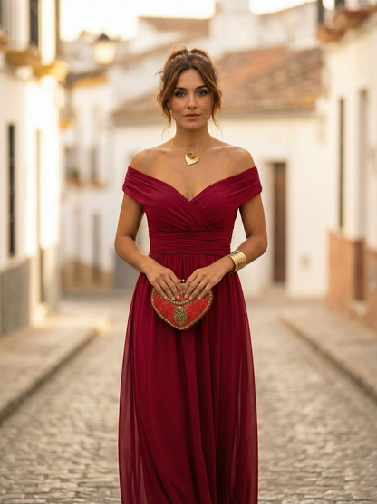 Vestido largo mujer fruncido cuello en V elegante
