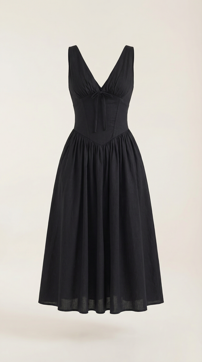 Vestido Midi Mujer Escote en V Cintura Alta Espalda Descubierta