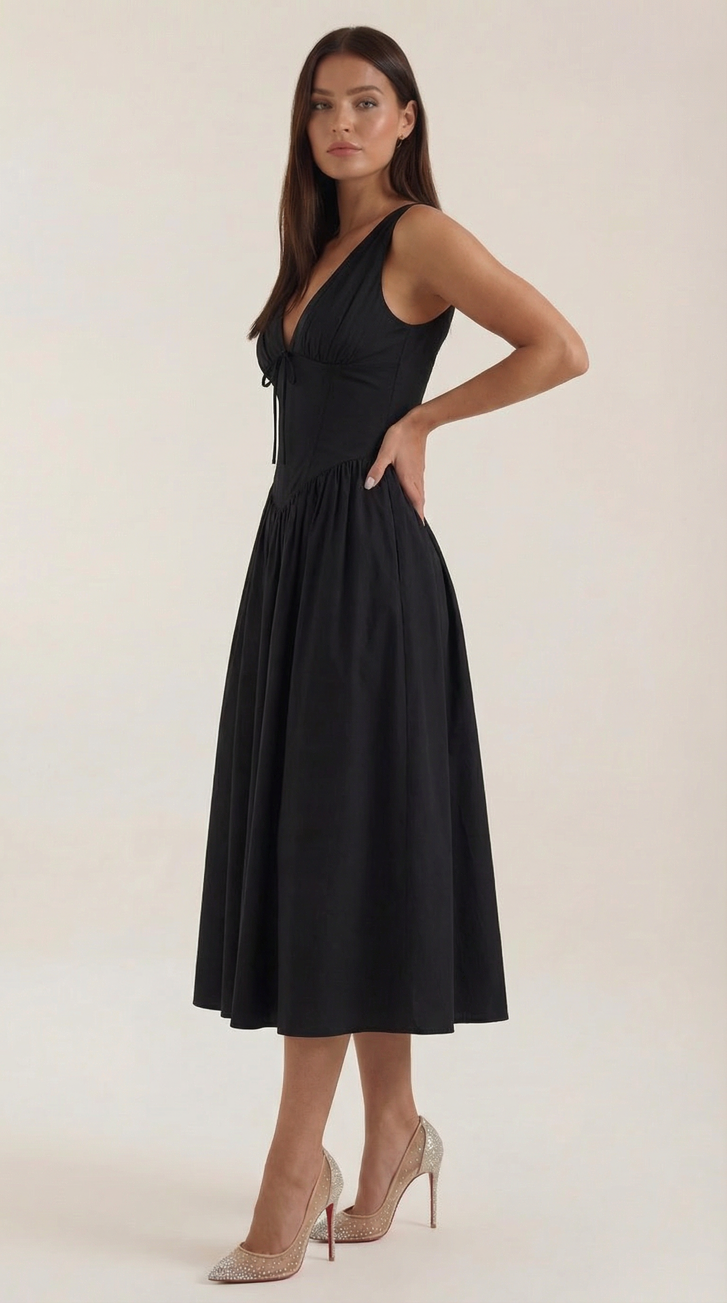 Vestido Midi Mujer Escote en V Cintura Alta Espalda Descubierta