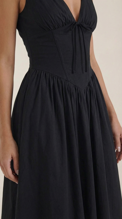 Vestido Midi Mujer Escote en V Cintura Alta Espalda Descubierta