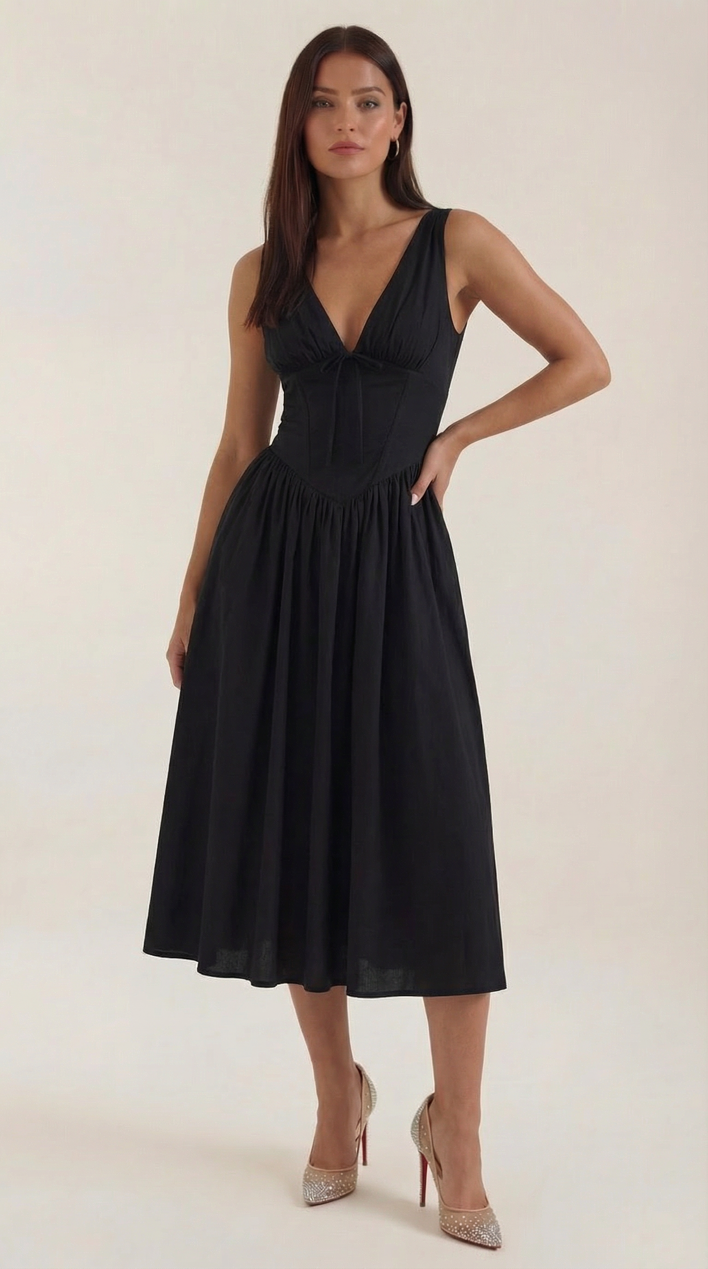 Vestido Midi Mujer Escote en V Cintura Alta Espalda Descubierta
