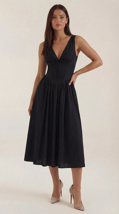 Vestido Midi Mujer Escote en V Cintura Alta Espalda Descubierta