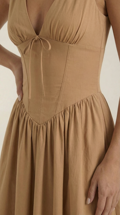 Vestido Midi Mujer Escote en V Cintura Alta Espalda Descubierta