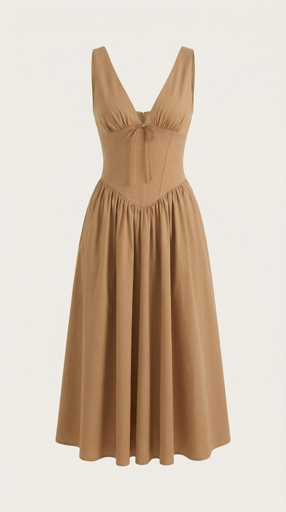 Vestido Midi Mujer Escote en V Cintura Alta Espalda Descubierta