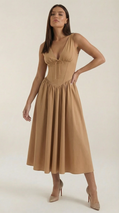 Vestido Midi Mujer Escote en V Cintura Alta Espalda Descubierta