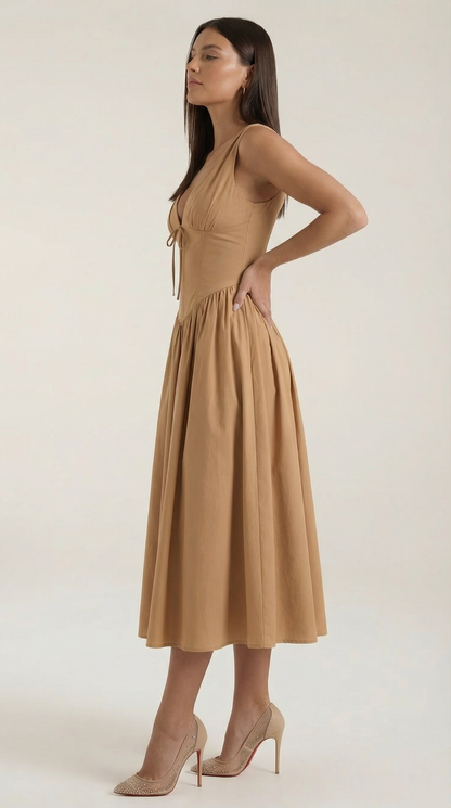 Vestido Midi Mujer Escote en V Cintura Alta Espalda Descubierta