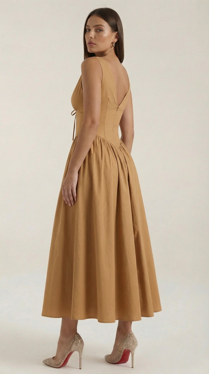 Vestido Midi Mujer Escote en V Cintura Alta Espalda Descubierta