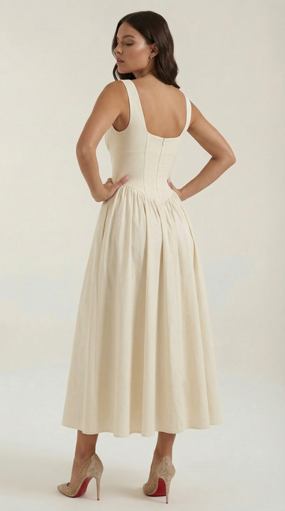 Vestido Midi Mujer Escote en V Cintura Alta Espalda Descubierta