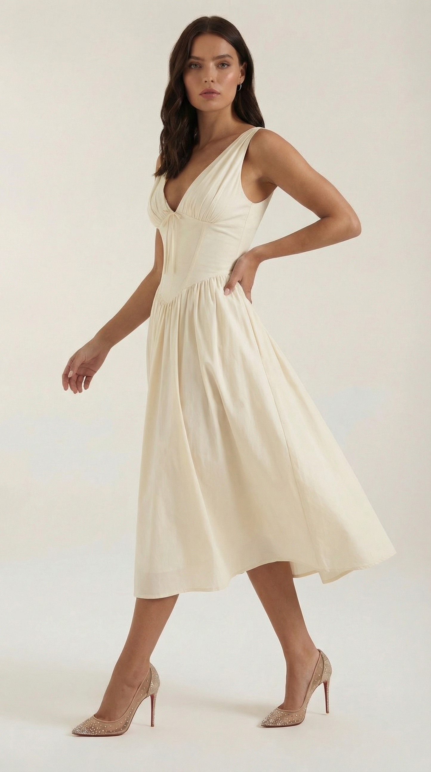 Vestido Midi Mujer Escote en V Cintura Alta Espalda Descubierta