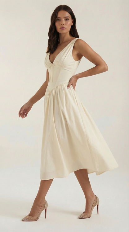 Vestido Midi Mujer Escote en V Cintura Alta Espalda Descubierta