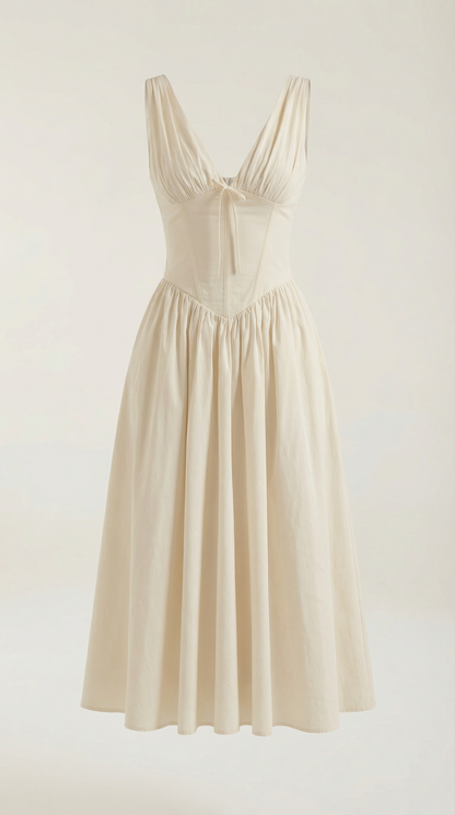 Vestido Midi Mujer Escote en V Cintura Alta Espalda Descubierta