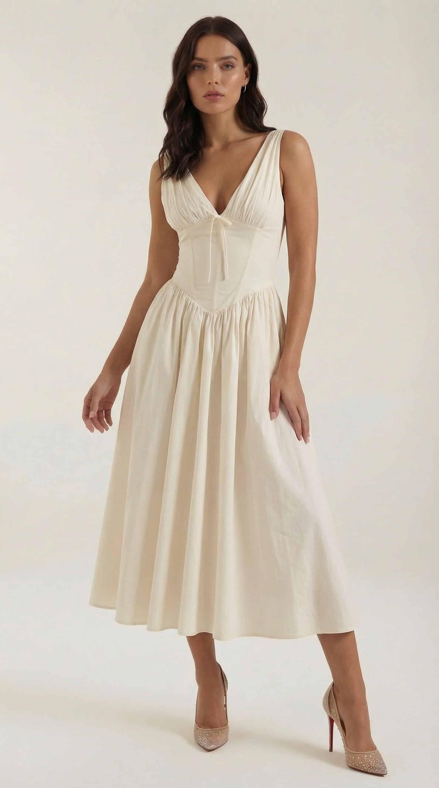 Vestido Midi Mujer Escote en V Cintura Alta Espalda Descubierta