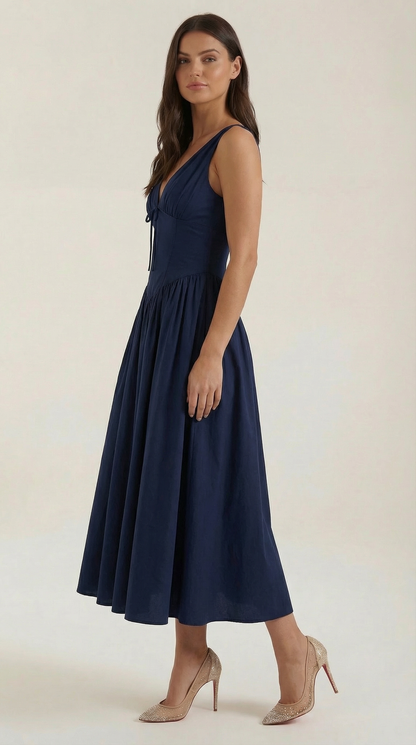Vestido Midi Mujer Escote en V Cintura Alta Espalda Descubierta